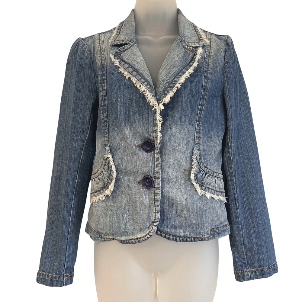 Rampage Jeans Y2K Denim Blazer Jacket Sz M Blue Fringe Trim Fitted Stretch
